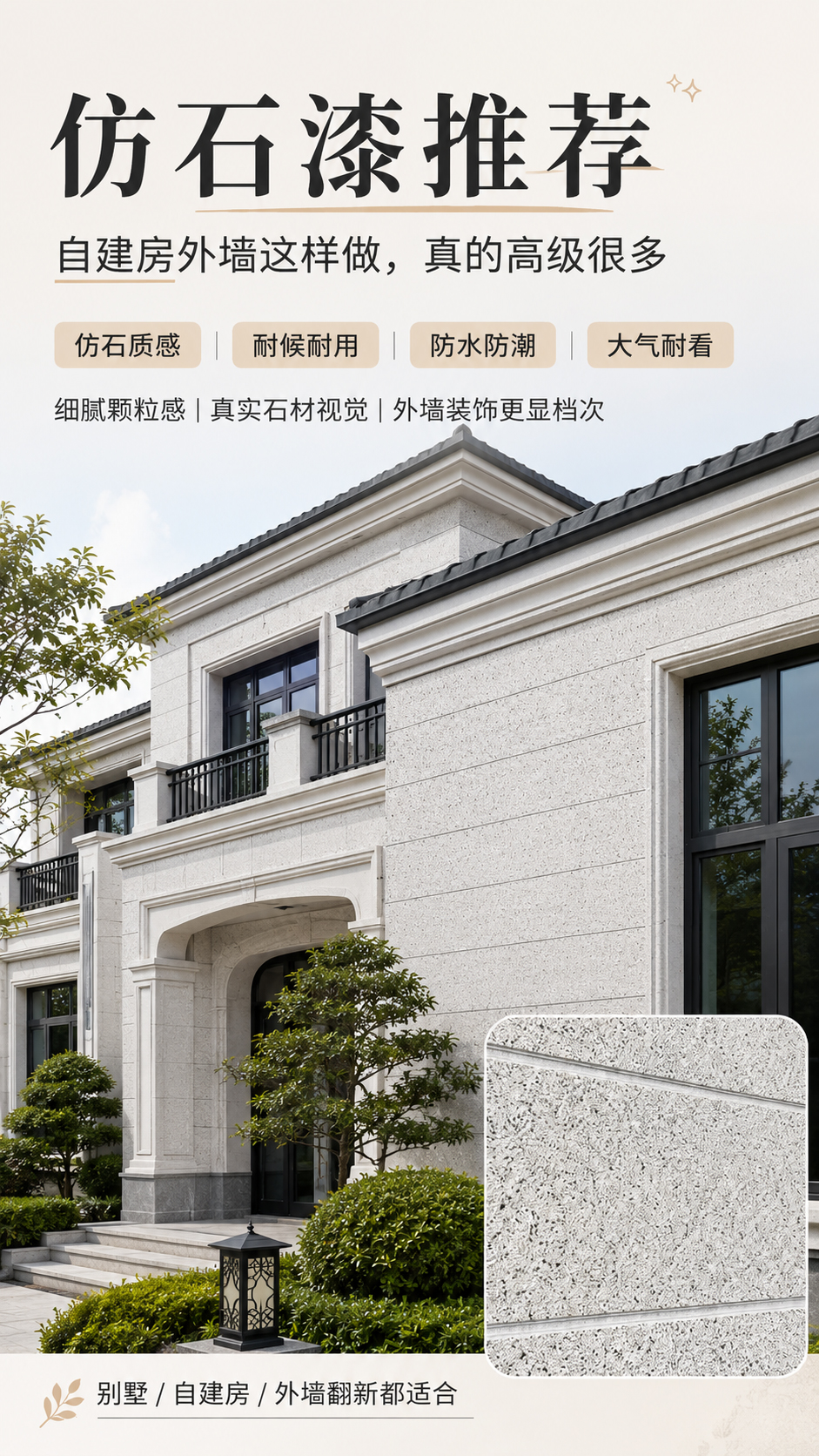 水包砂仿石漆施工效果-自建房外墙